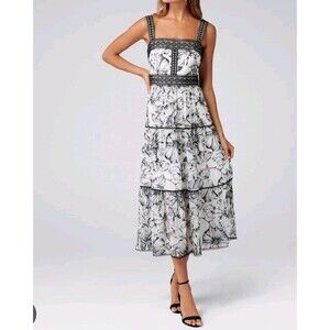 Ever new Devon Floral Embroidered Black White Dress Size US 12 Midi Sleeveless